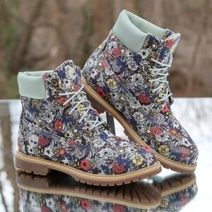 Timberland Floral Combat Boots in Navy, Red, Yellow & Mint Collar